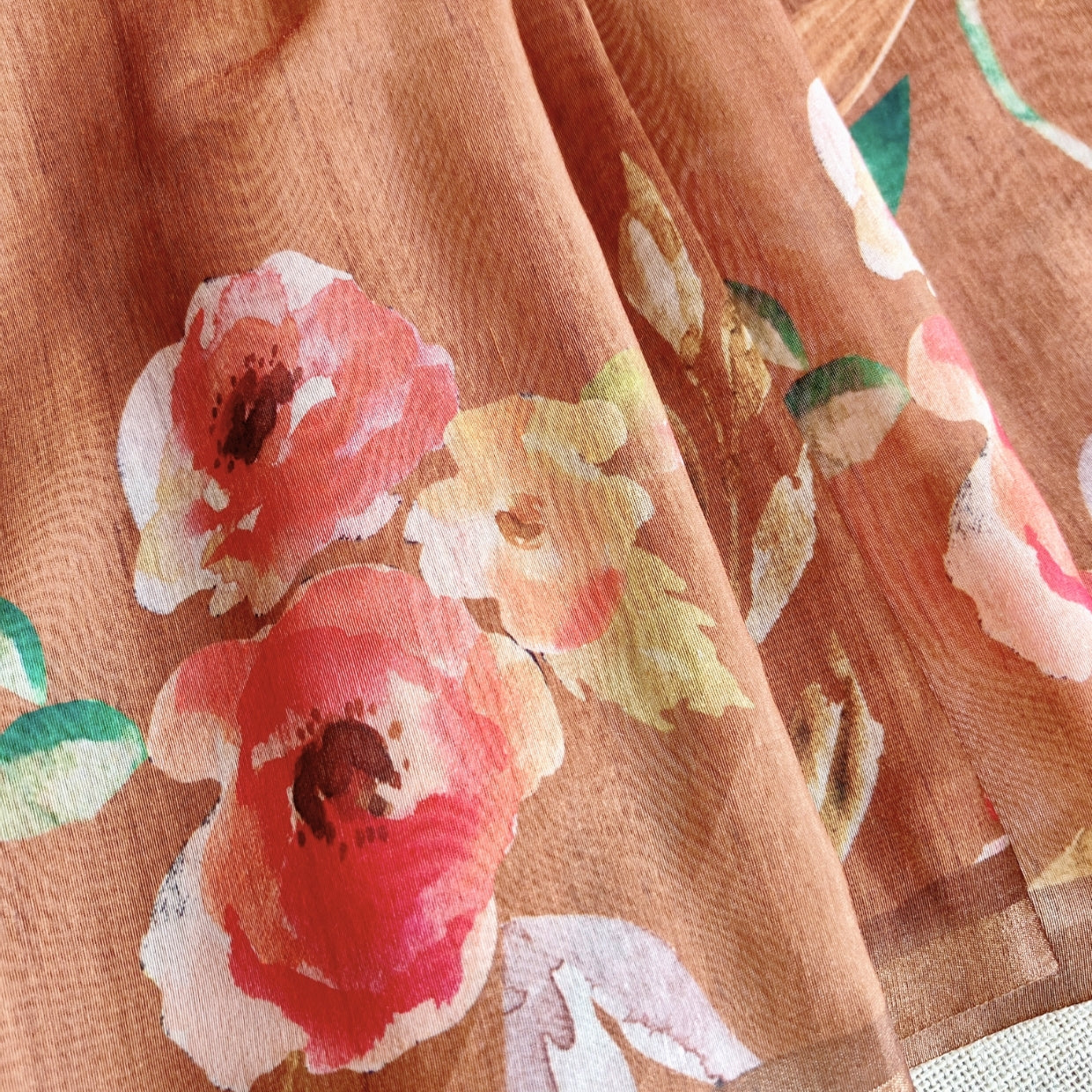 Mild Brown Chanderi Floral Print Saree