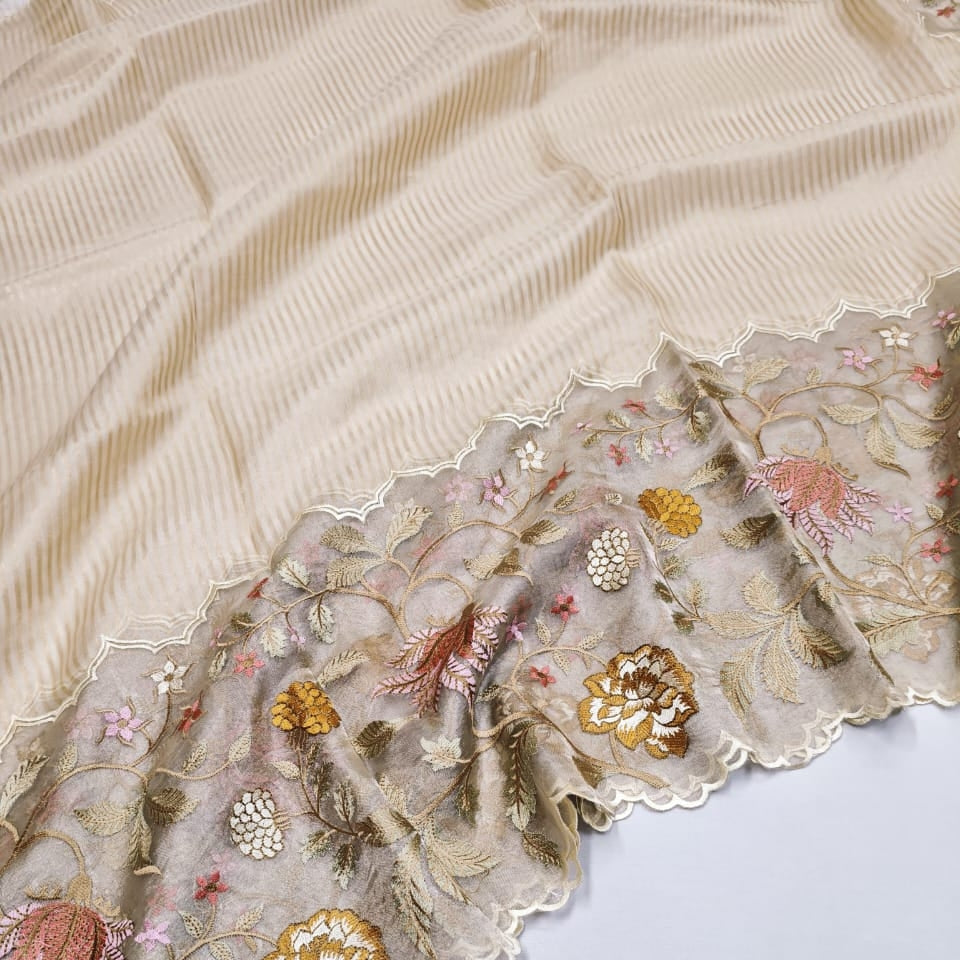 Ivory Pure Tissue with Organza Embroidery Silk Saree