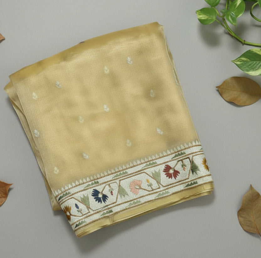 Pastel Yellow Paithani Border Pure Tissue Saree