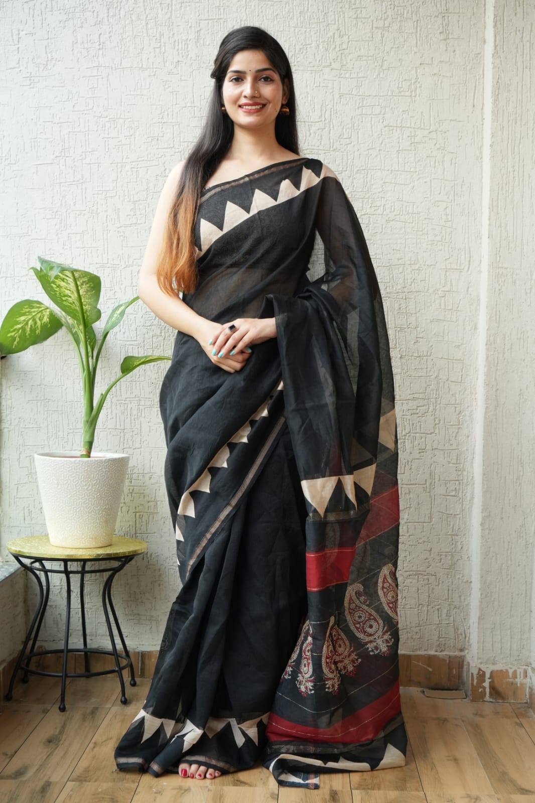 Black Temple Chanderi Silk Cotton Saree