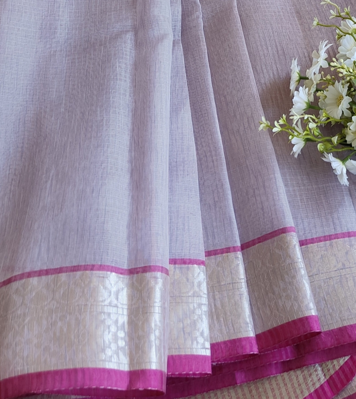 Exclusive Lilac Banarasi Silver Stripe Saree
