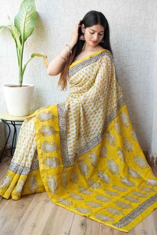 Beige yellow Chanderi Silk Cotton Saree