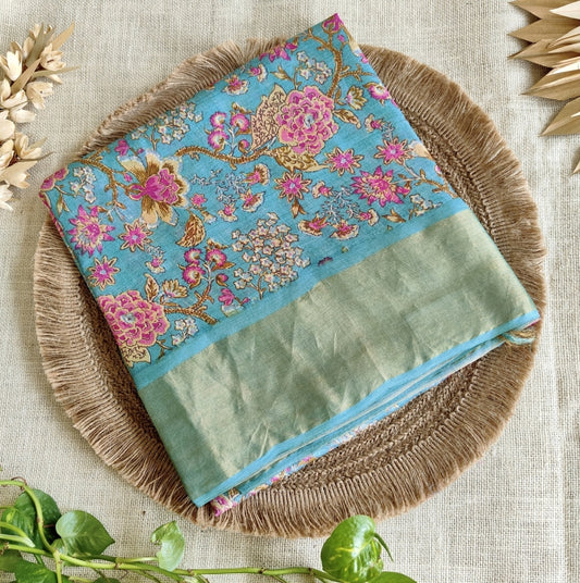 Blue with Pink Floral TussarSaree