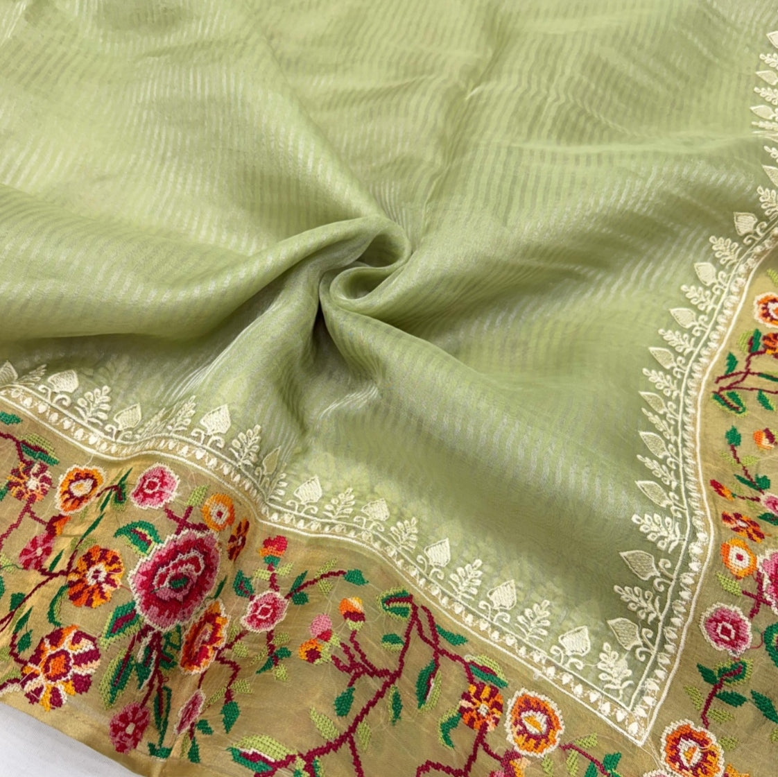 Pista Green Pure Tissue Petit Embroidery Saree