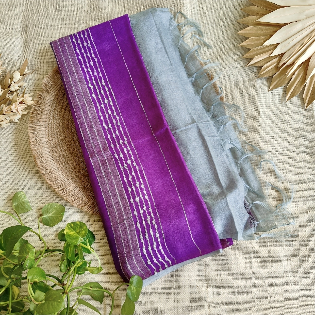 Purple with Grey Baswara Staple Silk Saree