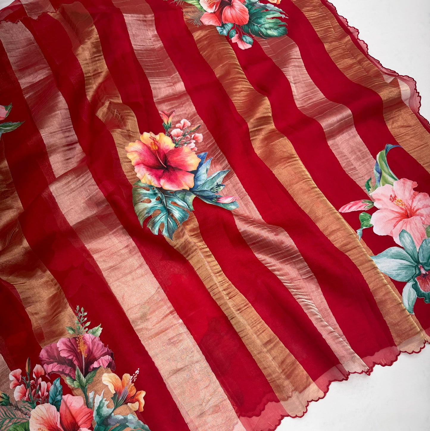 Red Gold Stripes Floral Appliqué Pure Tissue Organza Saree
