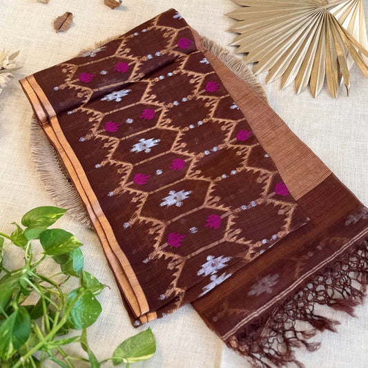 Brown Pure Muslin Dhakai Jamdhani Saree