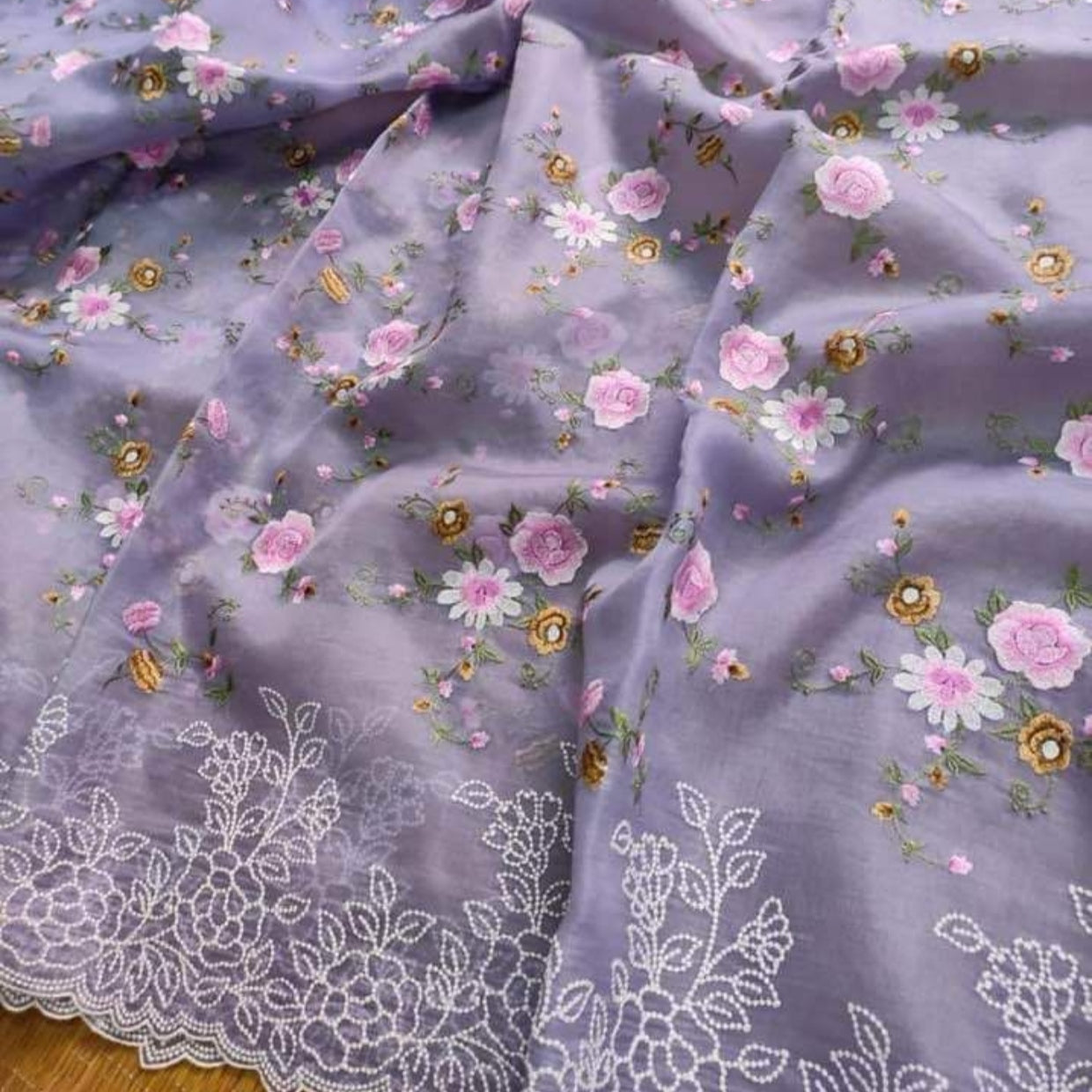 Lilac Intricate Floral Embroidery Organza Saree