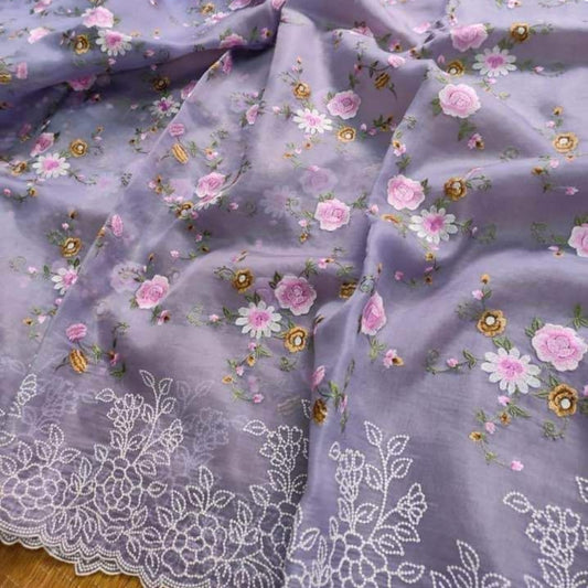 Lilac Intricate Floral Embroidery Organza Saree