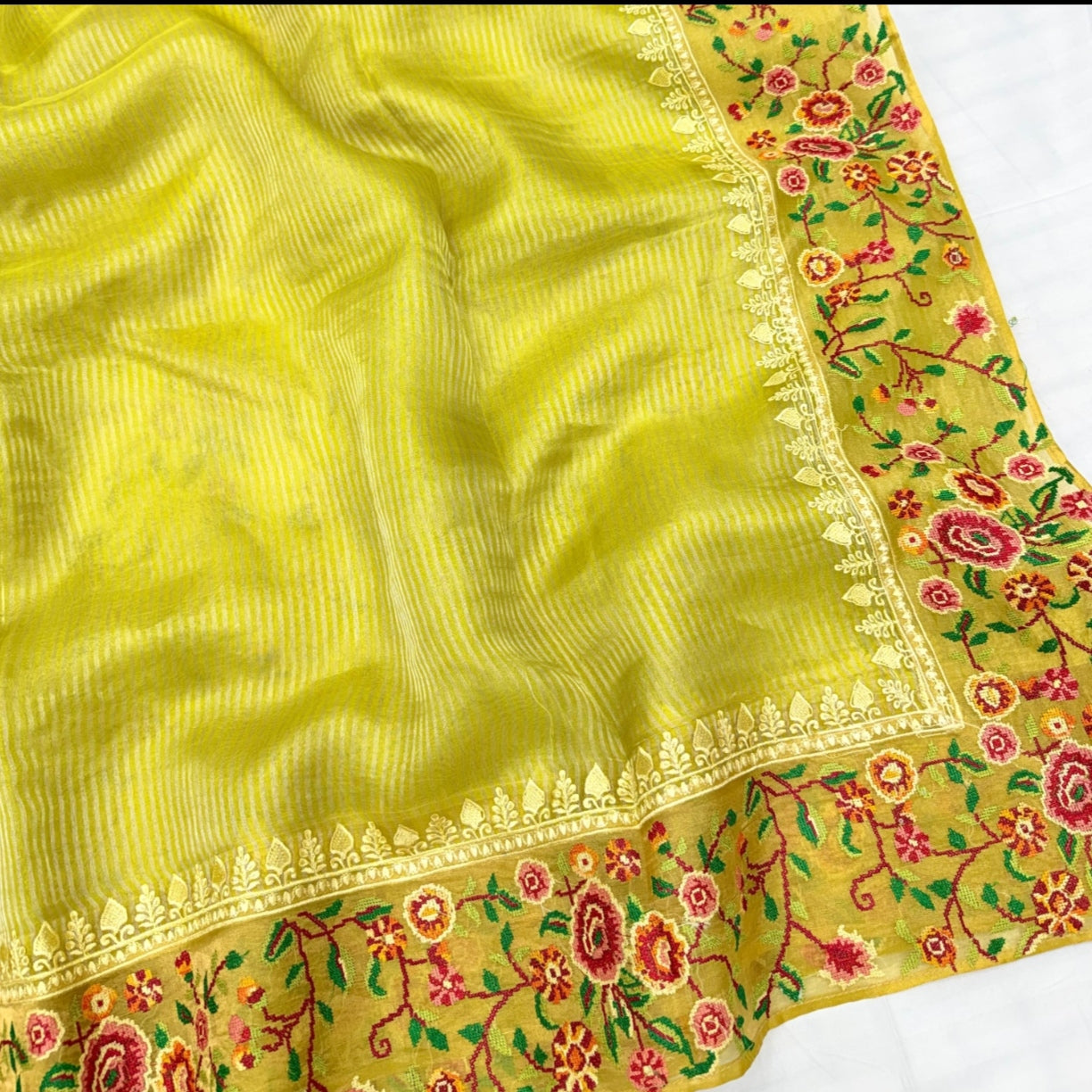 Lemon Green  Pure Tissue Petit Embroidery Saree