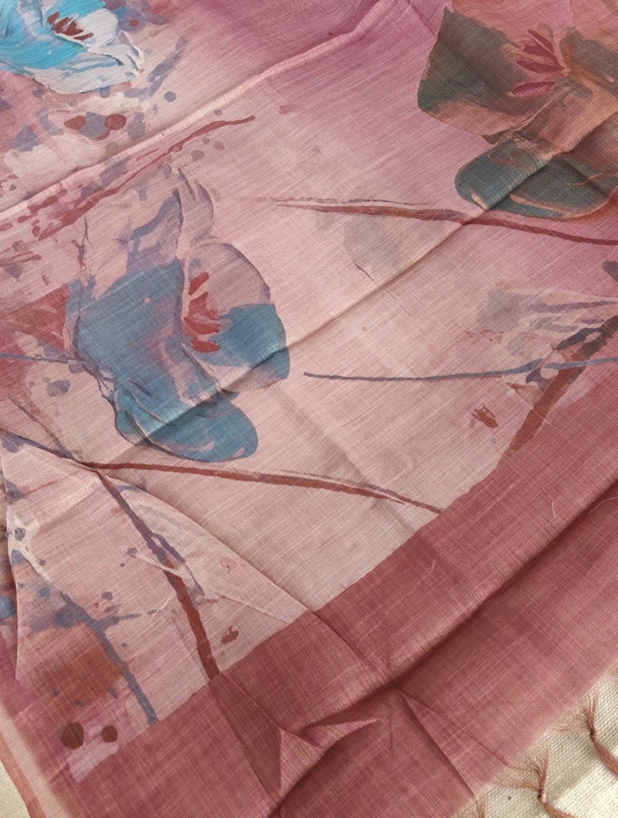 Brown Floral Tissue Linen Saree