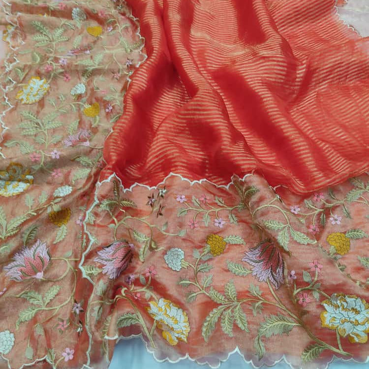 Orange Pure Tissue with Organza Embroidery Silk Saree