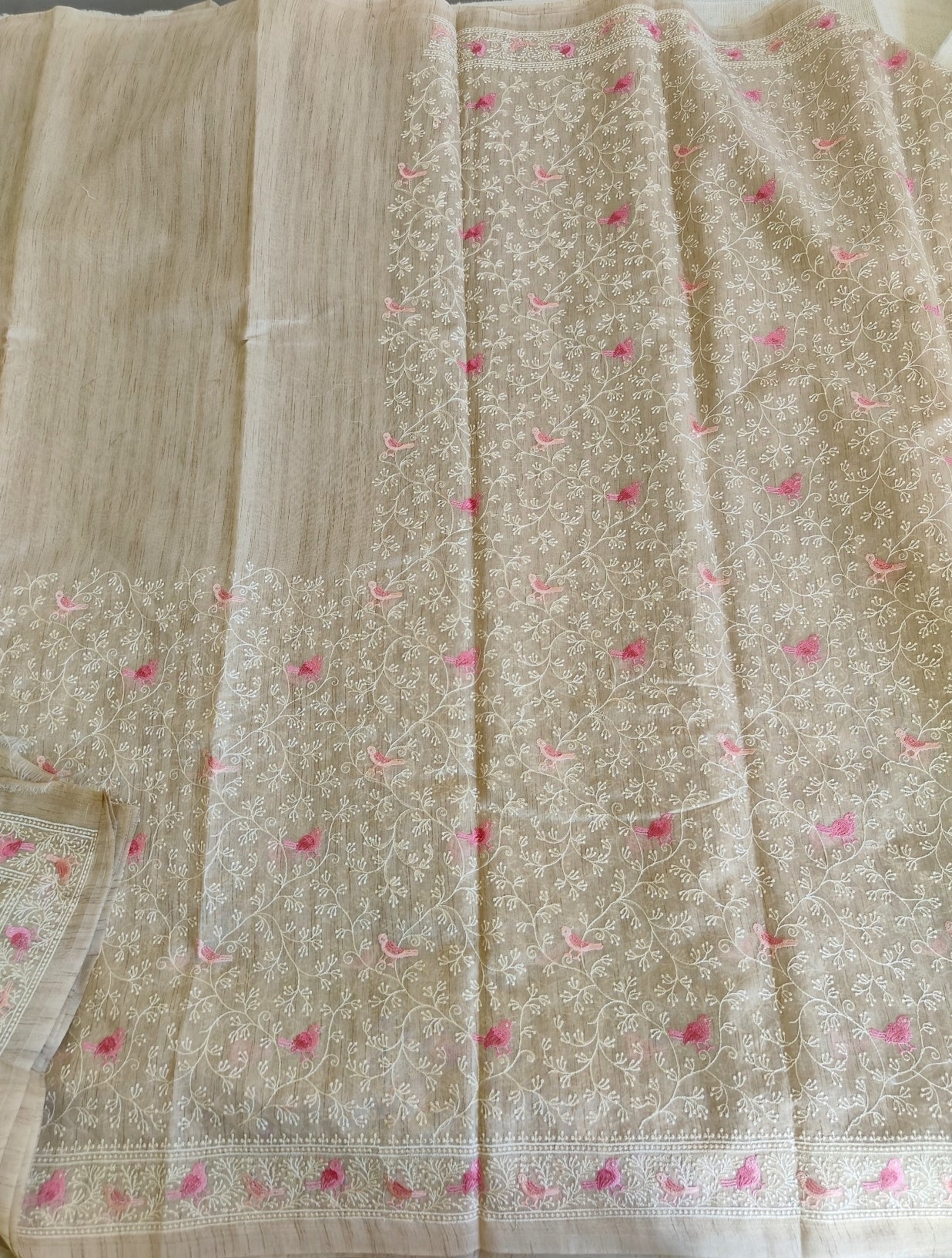 Beige Tussar Bird Embroidery Saree