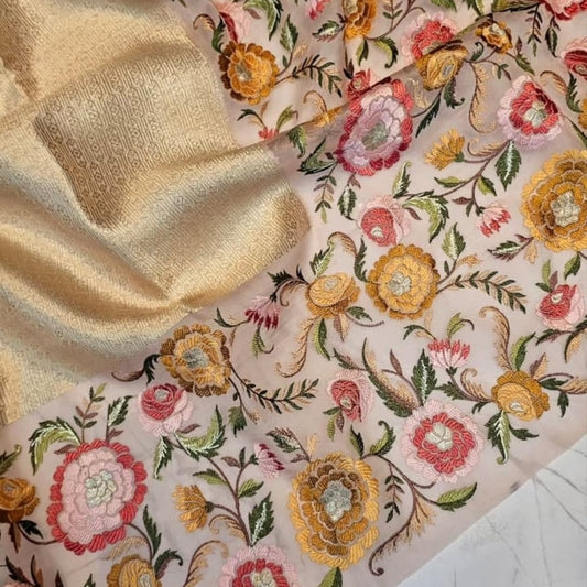 Ivory Blush Brocade Floral Embroidery Pure Organza Saree