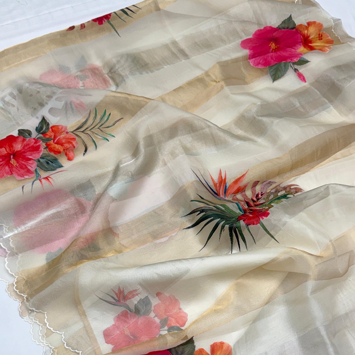 Off White Gold Stripes Floral Appliqué Pure Tissue Organza Saree