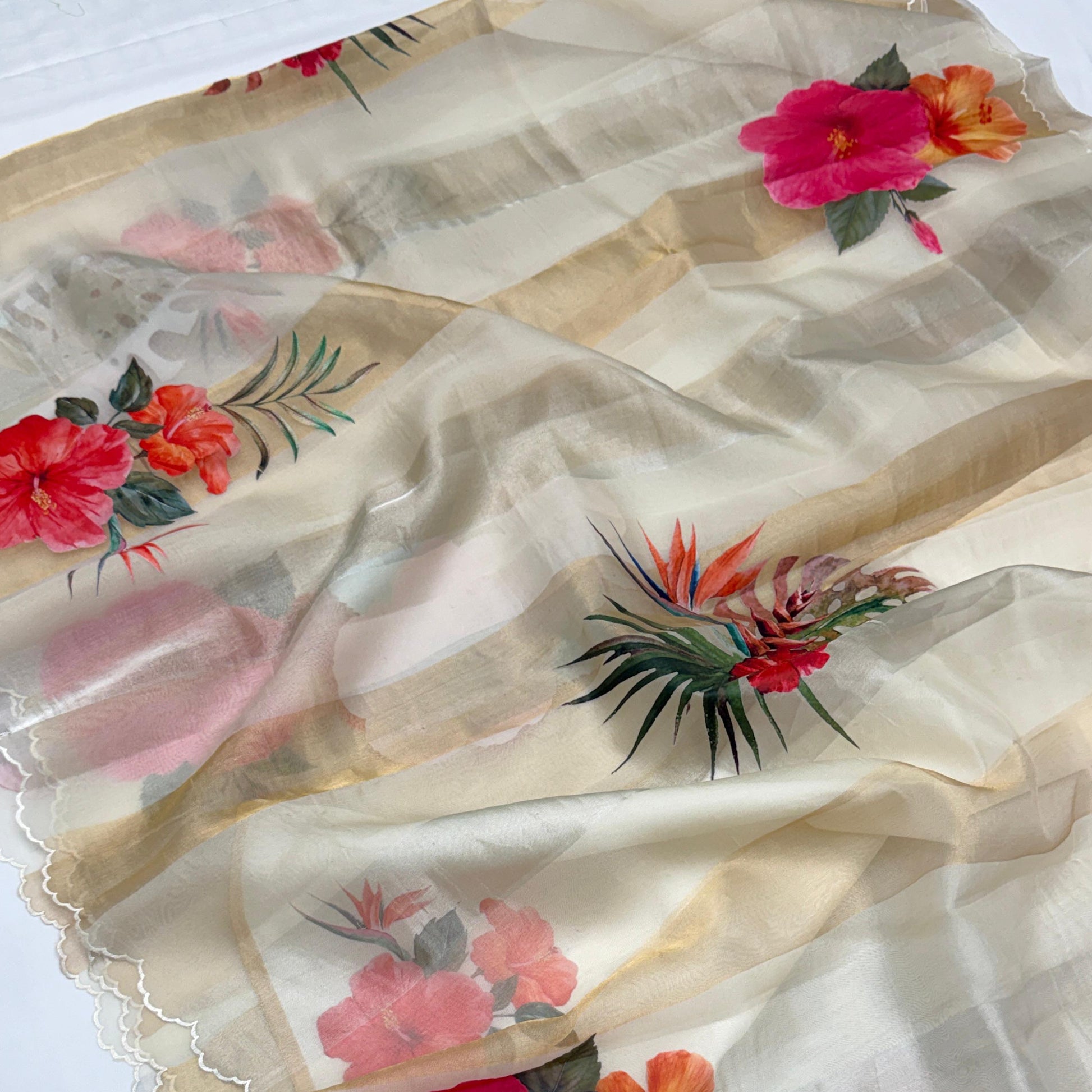 Off White Gold Stripes Floral Appliqué Pure Tissue Organza Saree
