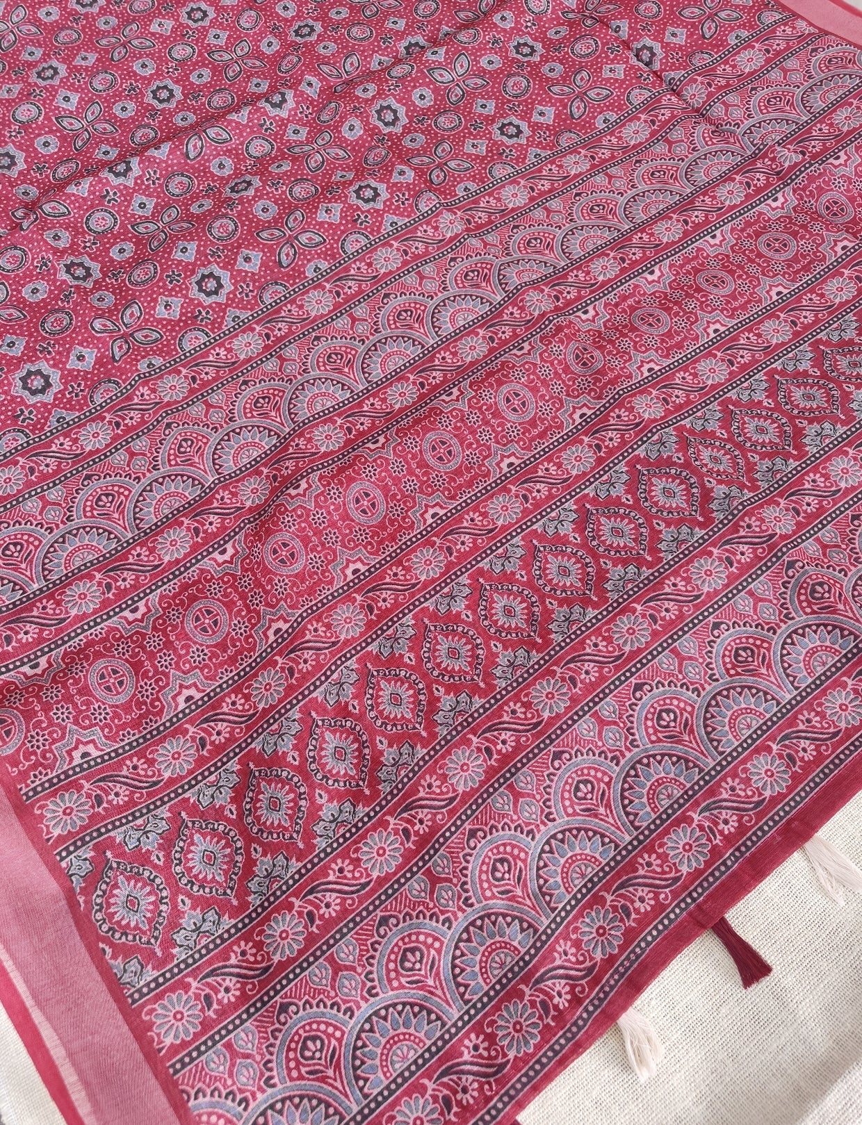 Maroon Ajrakh Printed Linen Saree