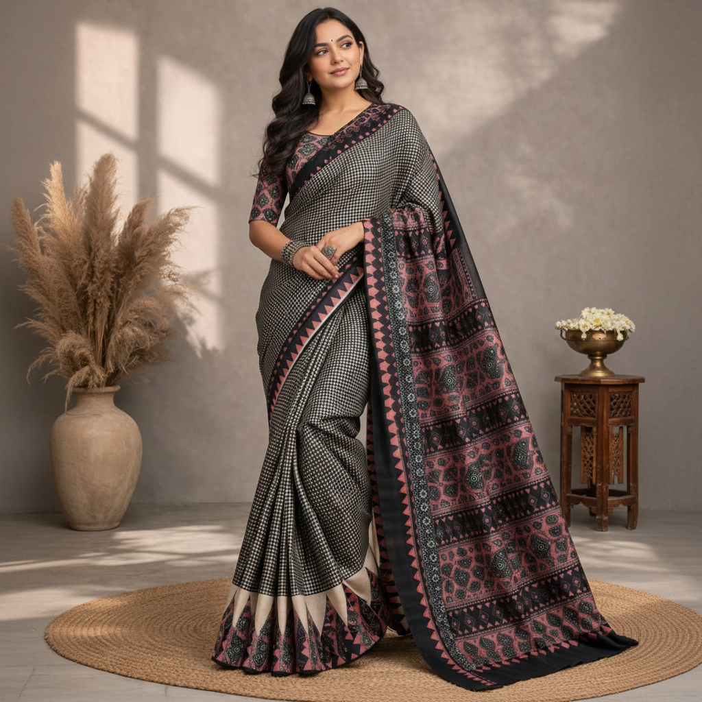 Black Checks Ajrakh Border Pure Tussar Silk Saree