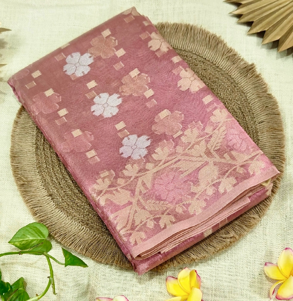 Onion Pink Shimmer Tissue Silk Saree