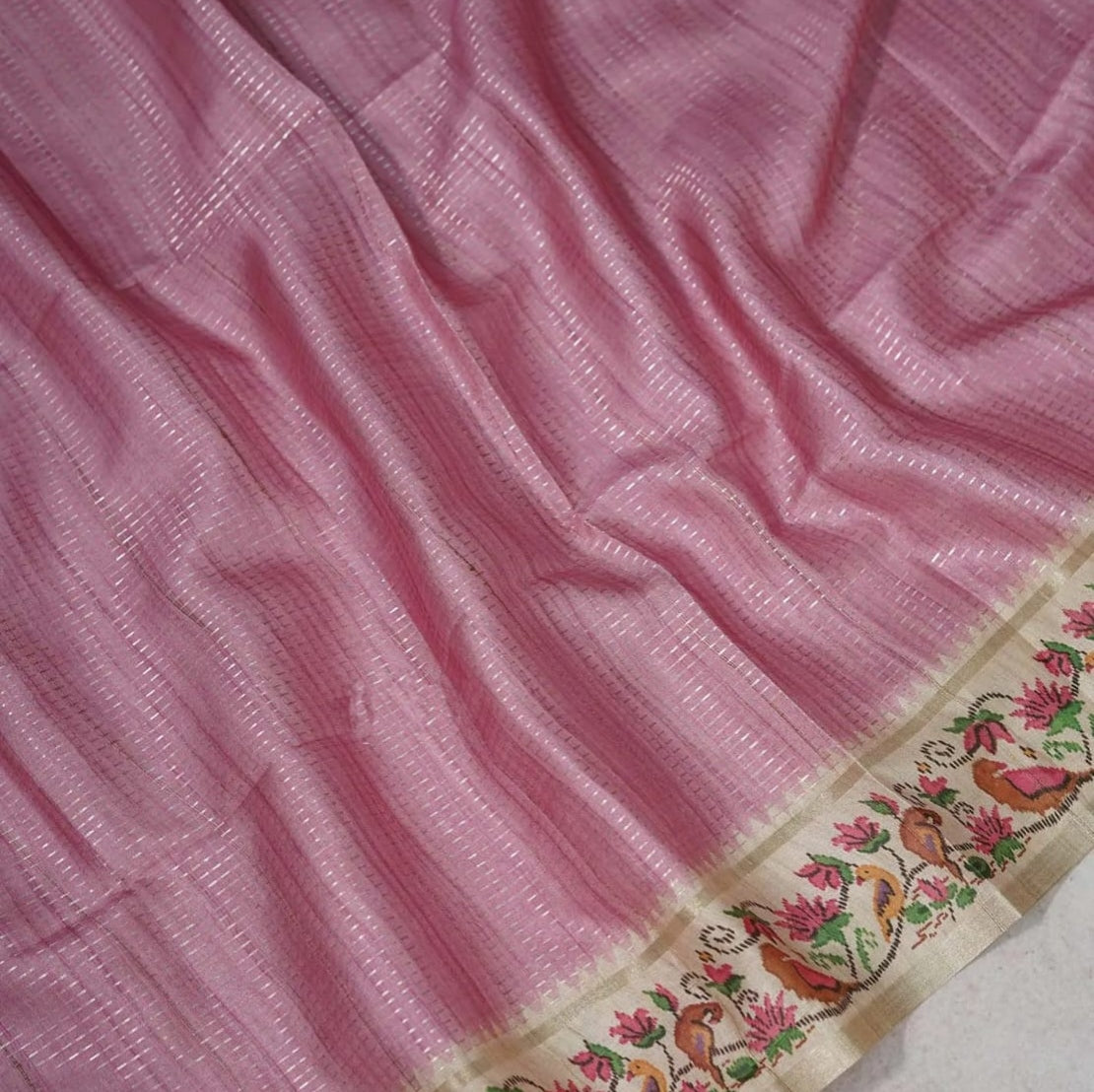 Rose Pink Pichwai Semi Tussar Saree - Vini's Ethnic