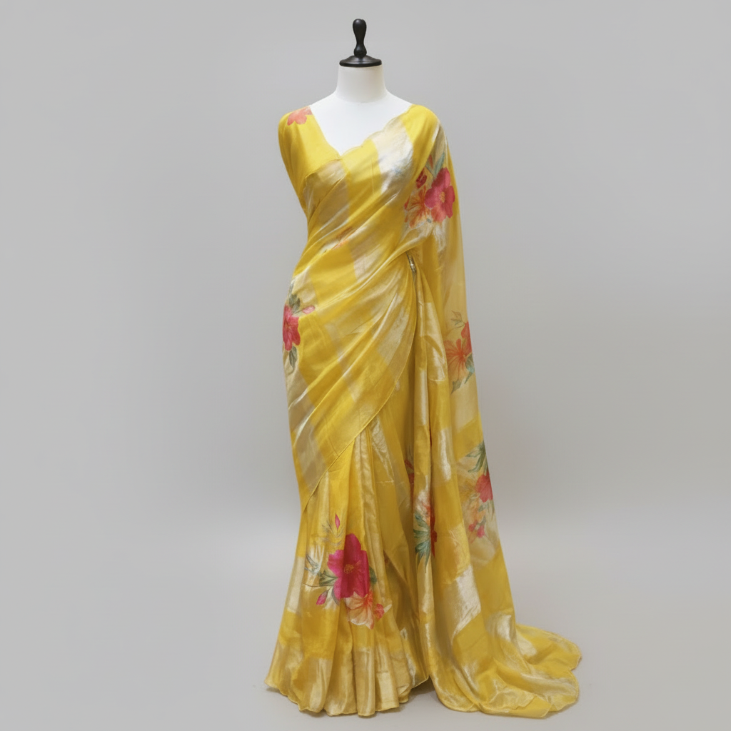 Mustard Gold Stripes Floral Appliqué Pure Tissue Organza Saree