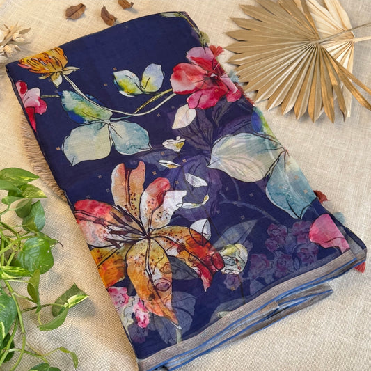Dark Blue Floral Digital Printed Muslin Sequin Silk