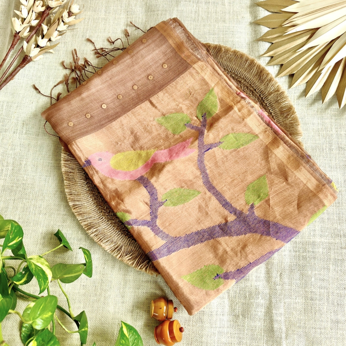 Chocolate Brown Pure Muslin Sequin Paithani Pallu Saree
