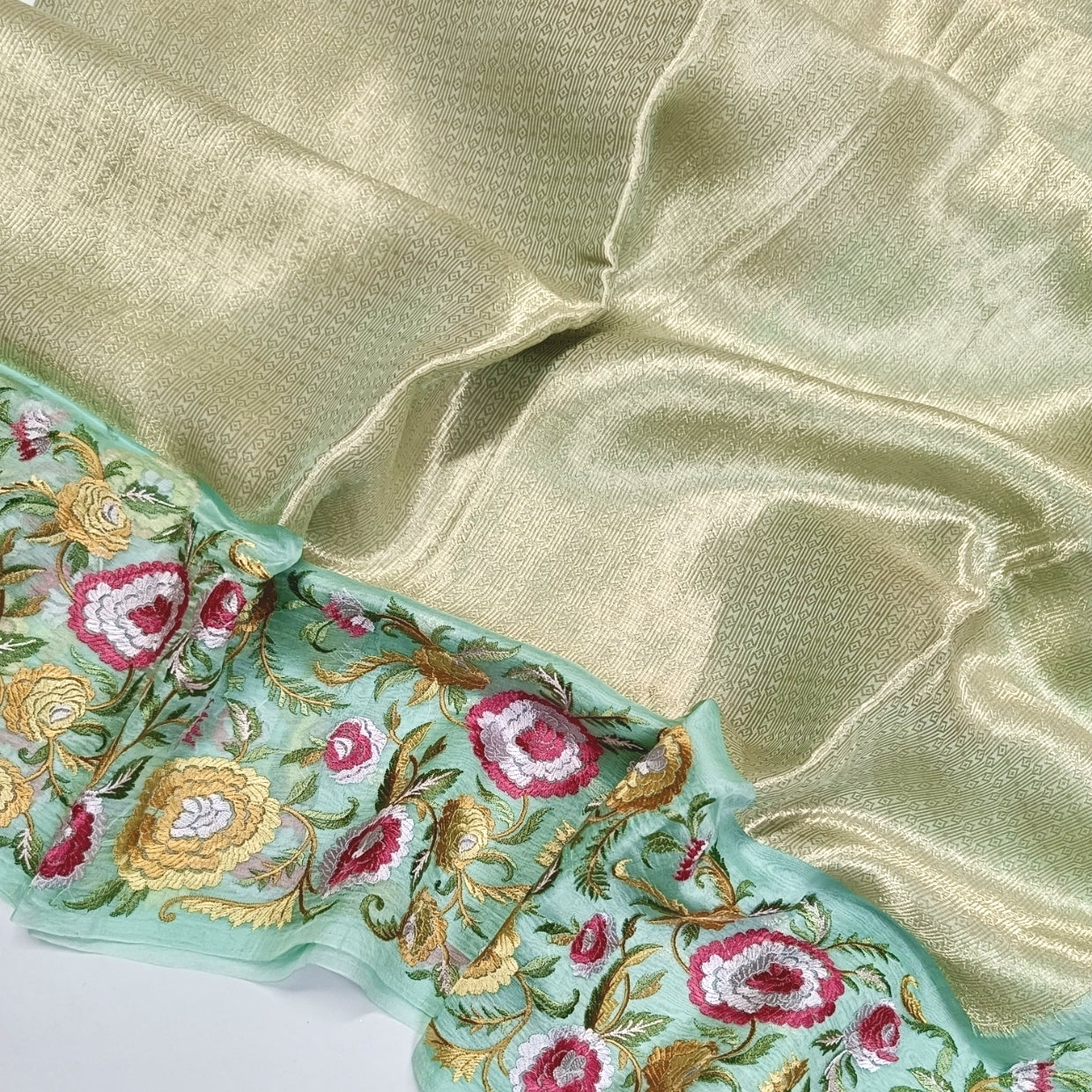Pastel Mint Brocade Floral Embroidery Pure Organza Saree