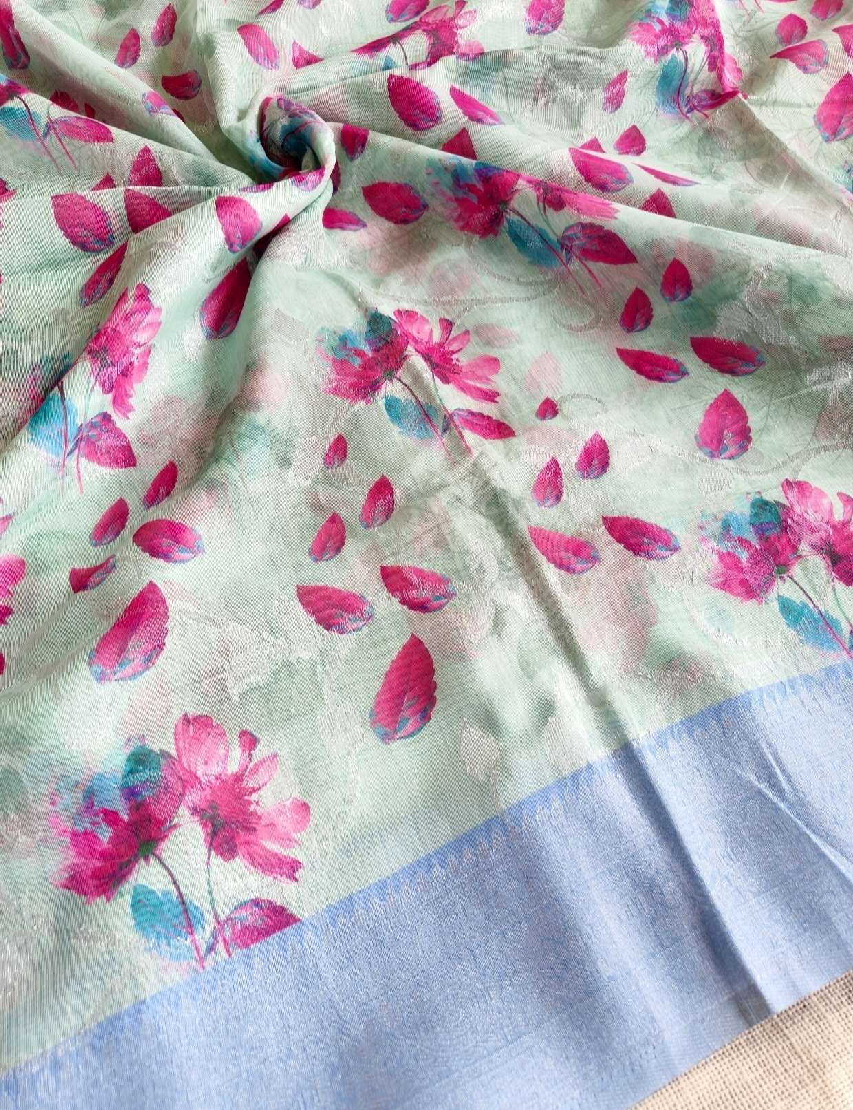 Mint Green Pink Floral Linen Saree
