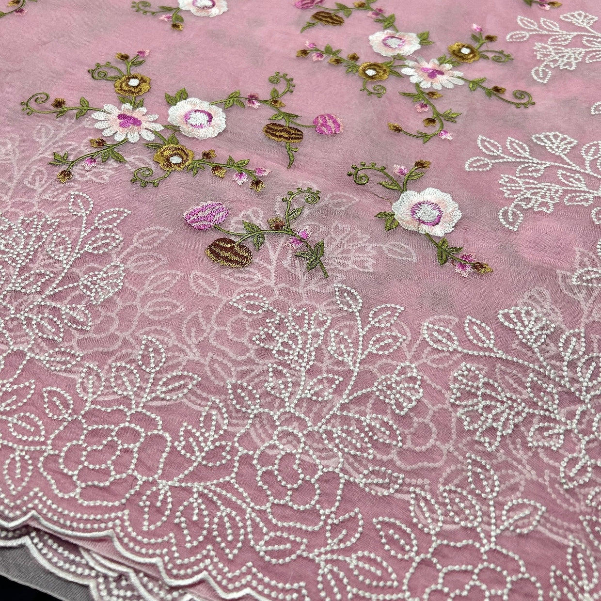 Pink Intricate Floral Embroidery Organza Saree