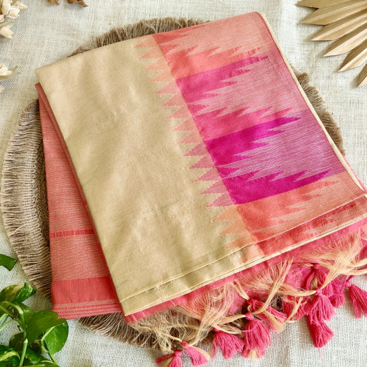 Pink Temple Border Raw Silk Saree