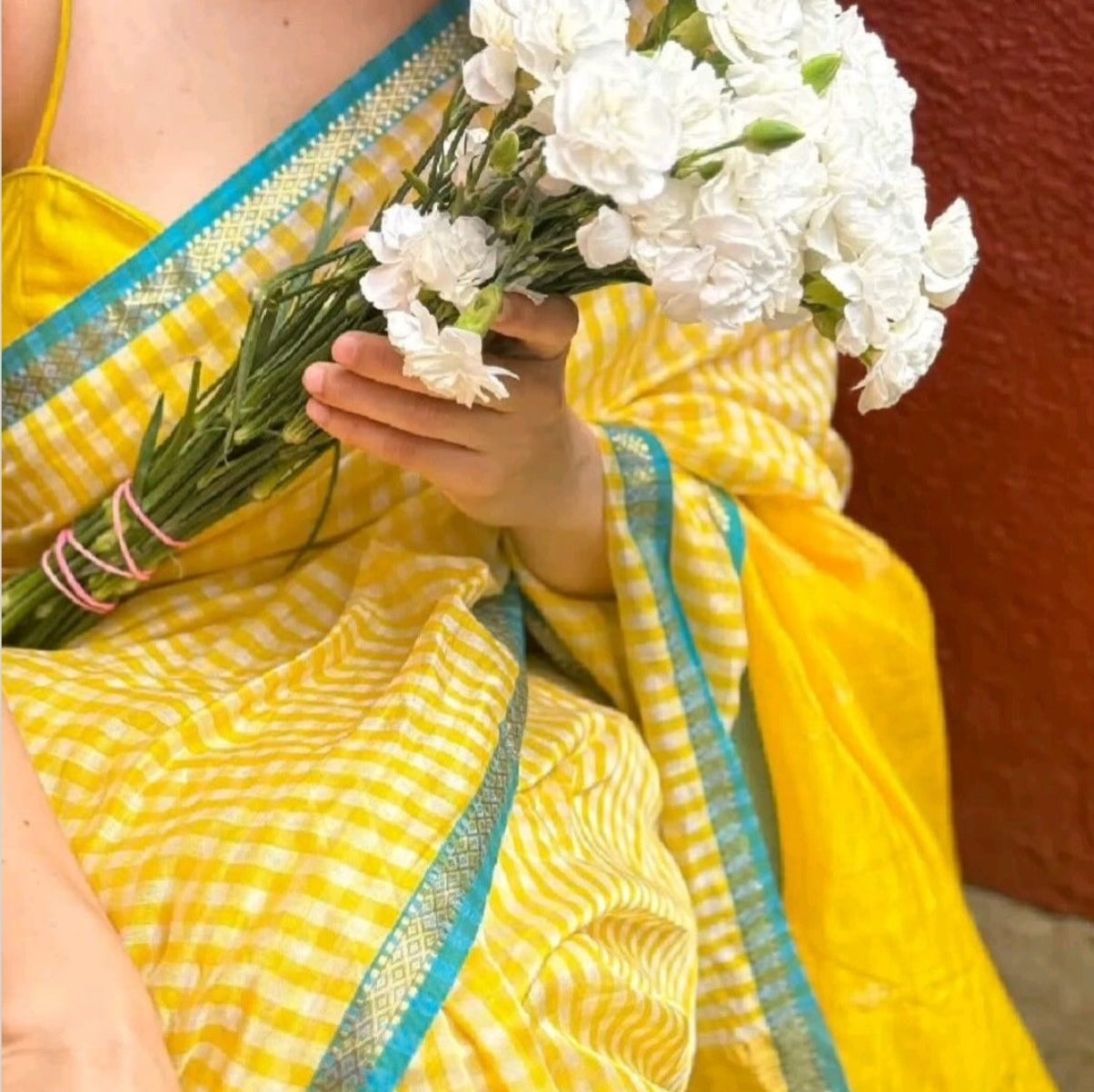 Sunshine Yellow with Blue Checked Maheshwari Silk Cotton Saree