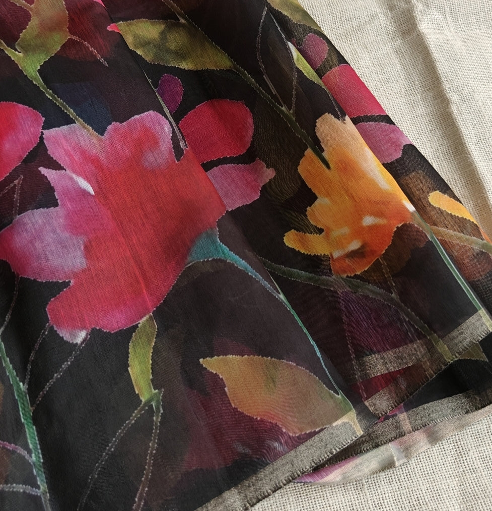 Black Chanderi Floral Print Saree