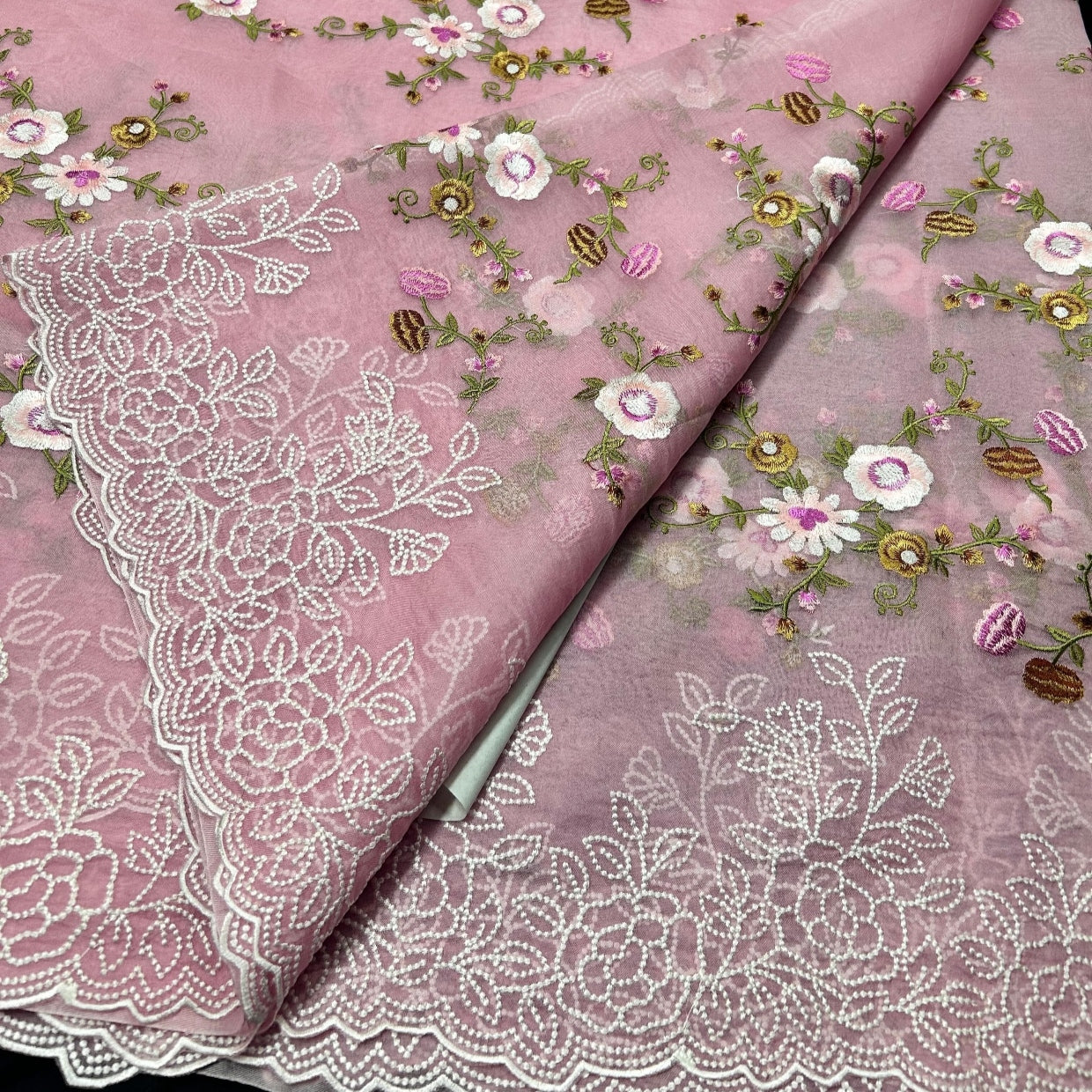 Pink Intricate Floral Embroidery Organza Saree