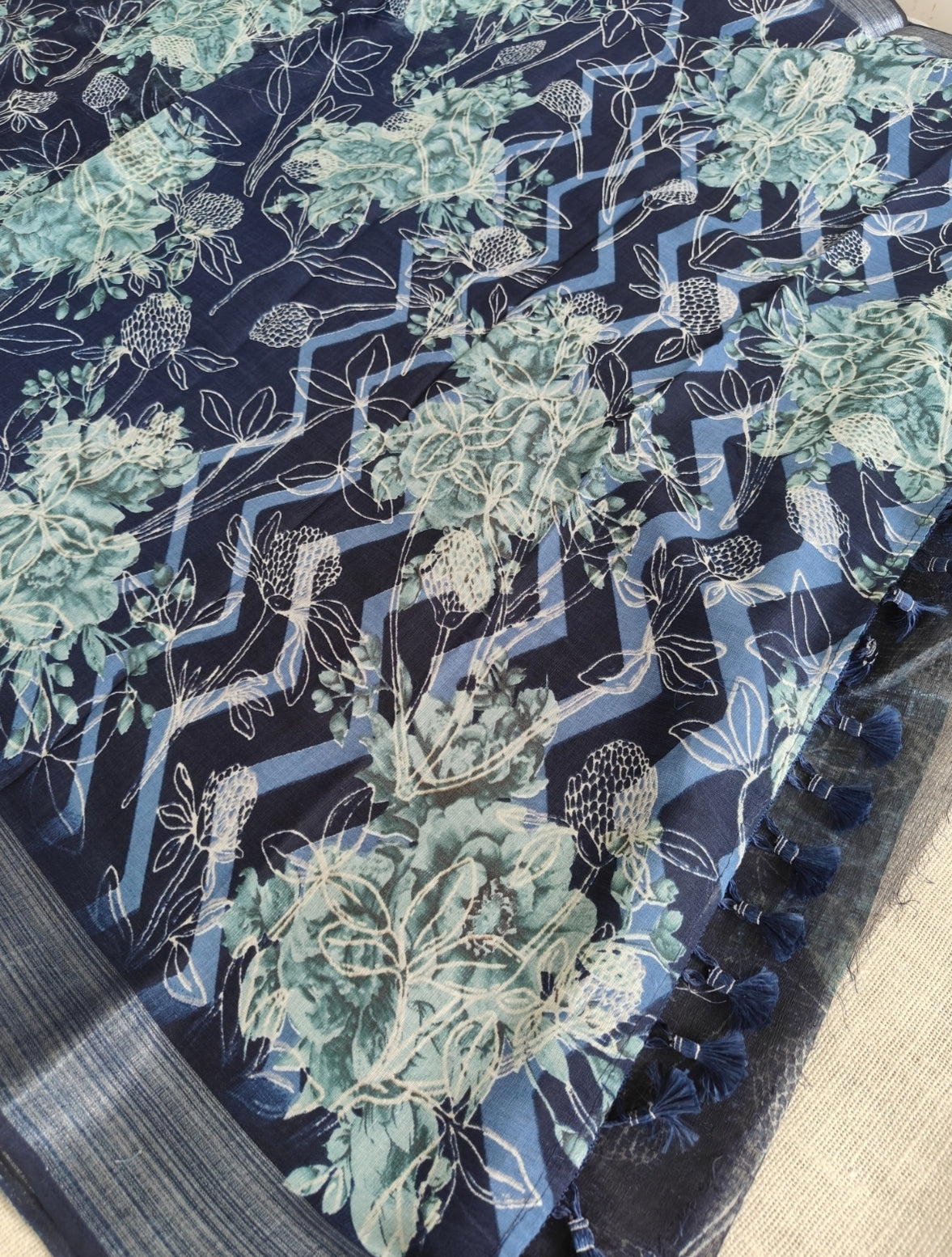 Dark Blue Floral Linen Saree