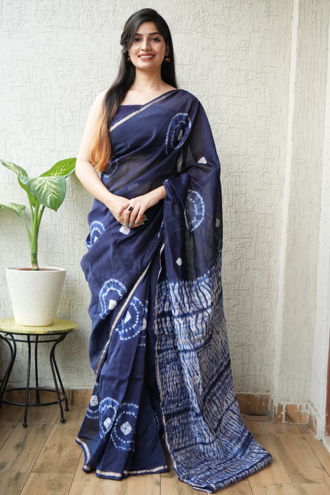 Deep Indigo Shibori Tie-Dye Chanderi Silk Cotton Saree