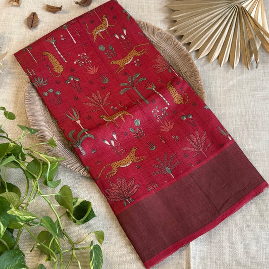 Deep Maroon With Cheetahs Pure Tussar Silk Saree