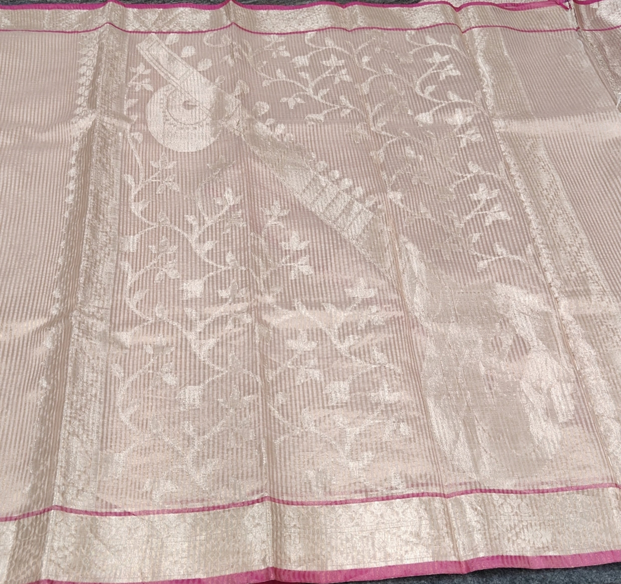 Exclusive Peach Banarasi Antique Gold Stripe Saree