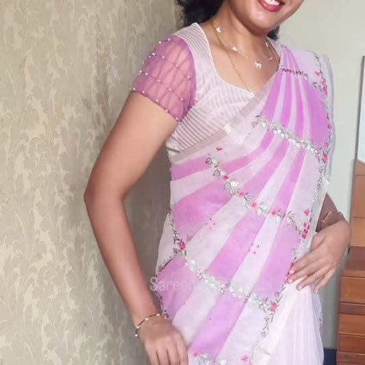 Pink Floral Embroidery Tissue Kota Saree