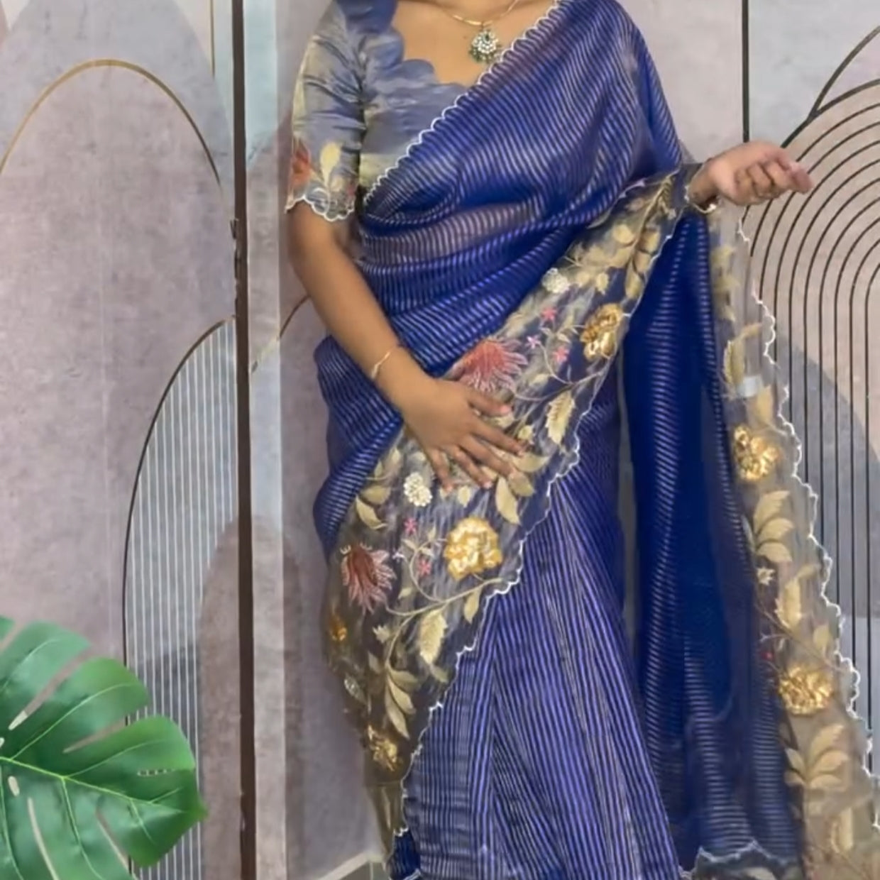 Royal Blue Pure Tissue with Organza Embroidery Silk Saree