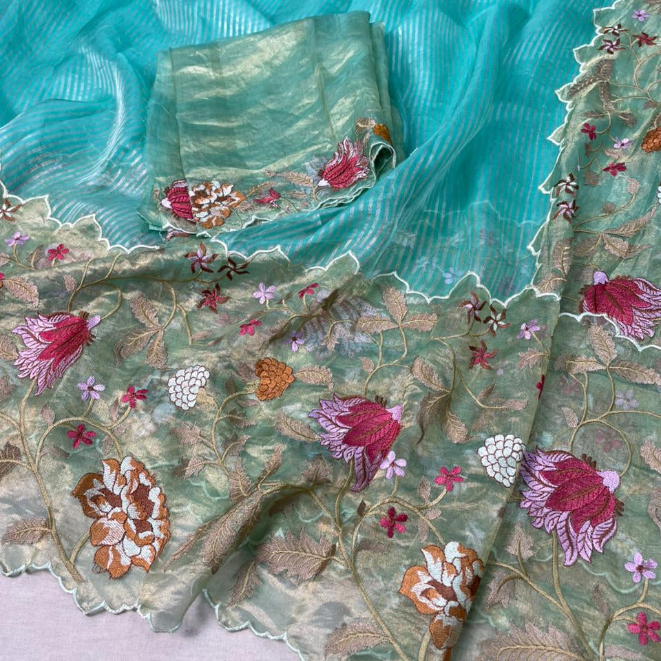 Sky Blue Pure Tissue Organza Embroidery Silk Saree