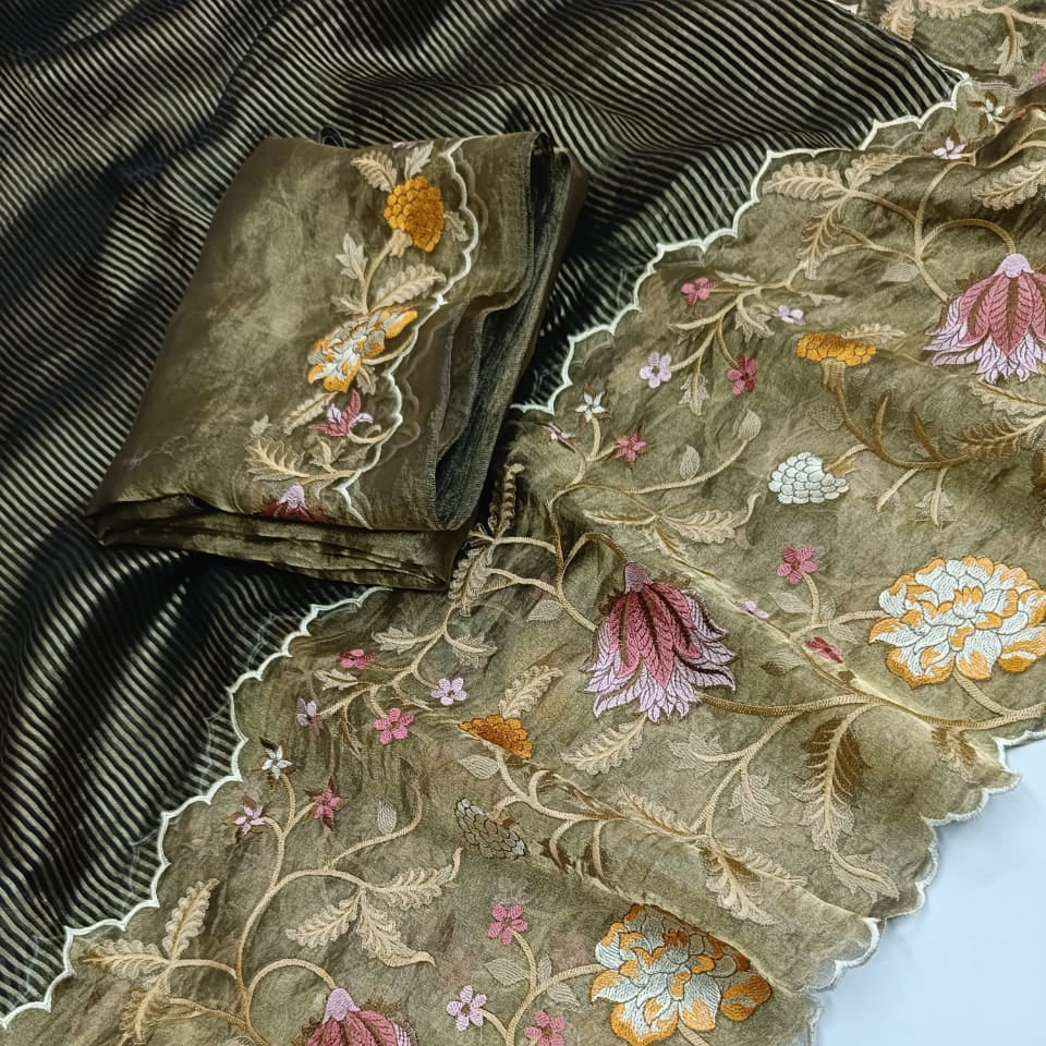 Black Pure Tissue Silk Embroidery Saree