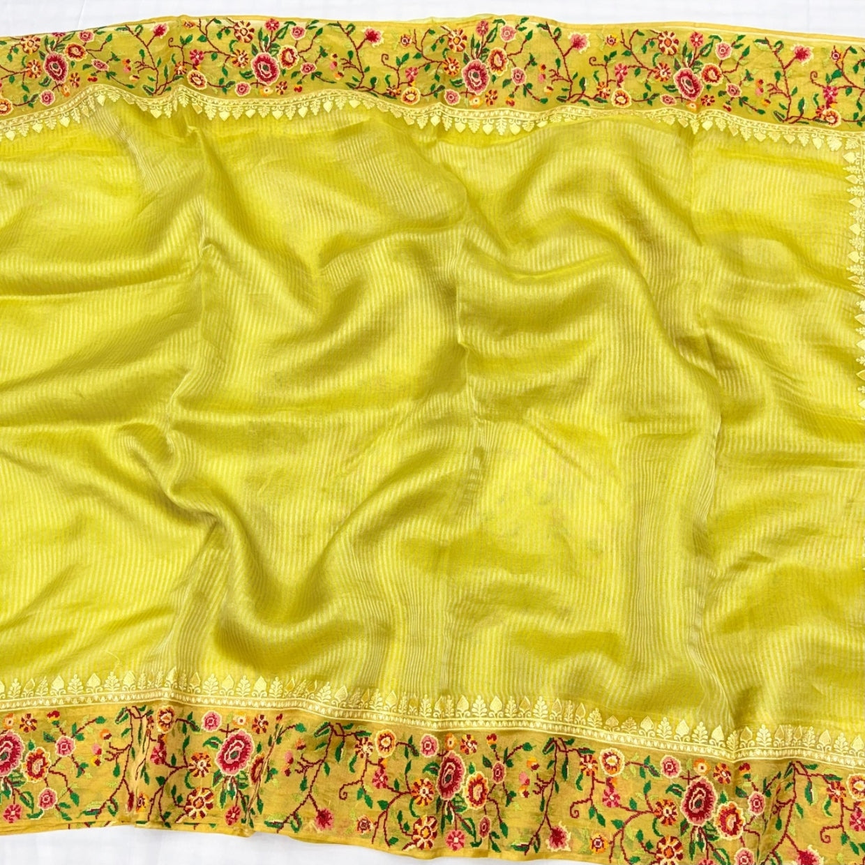 Lemon Green  Pure Tissue Petit Embroidery Saree