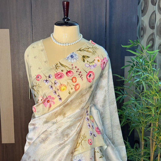 Olive Puna Silk Tissue Digital Print Saree