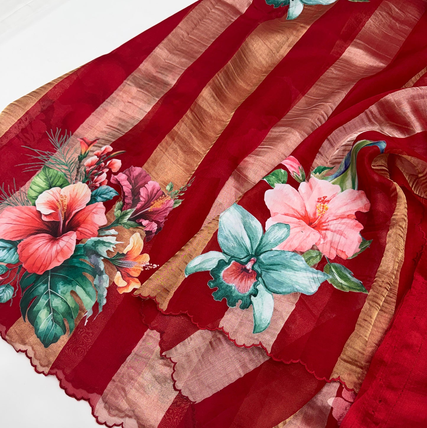 Red Gold Stripes Floral Appliqué Pure Tissue Organza Saree