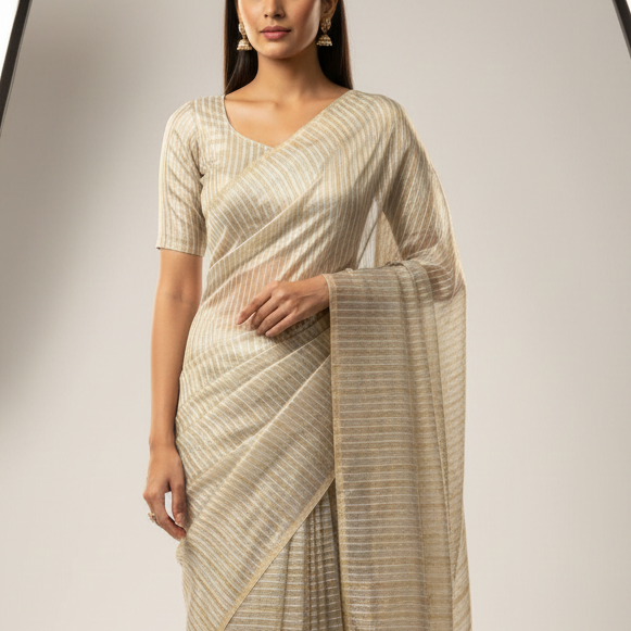 Gold Ivory Stripes Pure Tissue Blouse Fabric