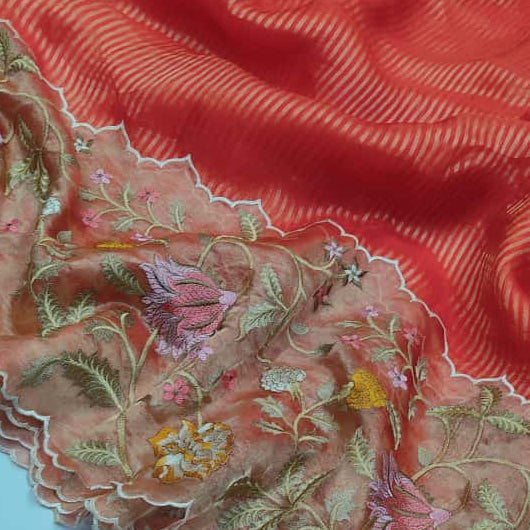 Orange Pure Tissue with Organza Embroidery Silk Saree
