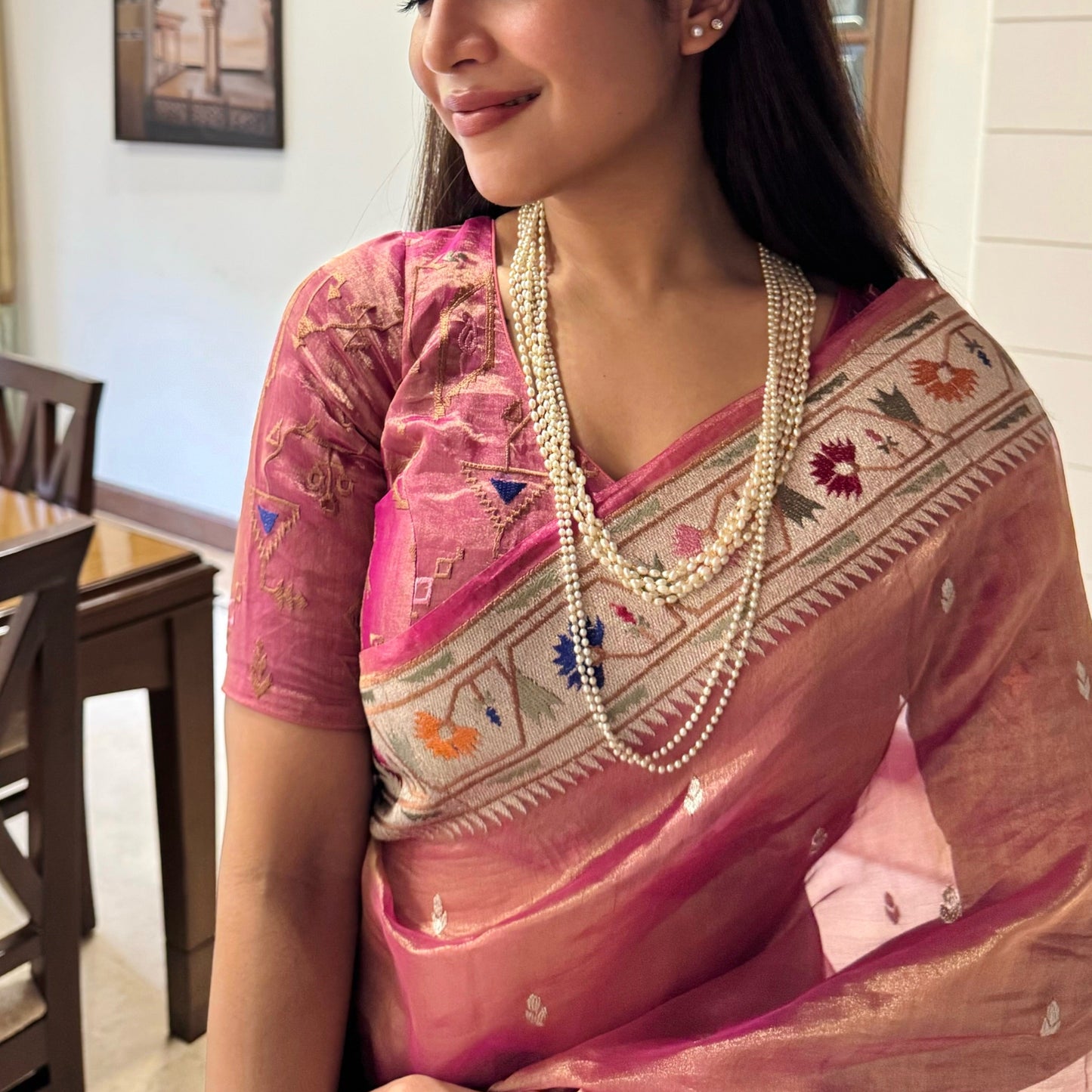 Dusty Rose Pink  Paithani Border Pure Tissue Saree