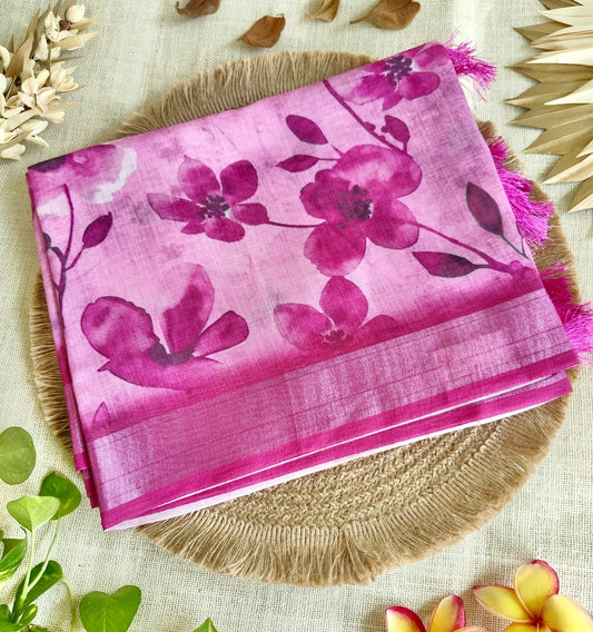 Magenta Floral Linen Saree