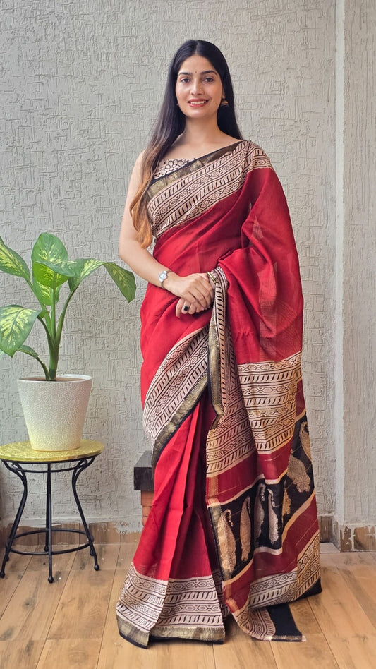 Red Maheshwari Silk Cotton Saree